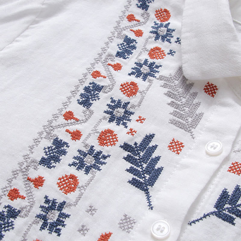 Buddha Stones Fall White Geometric Striped Flower Embroidery Button Women's Cotton Long Sleeve Shirt - image 4