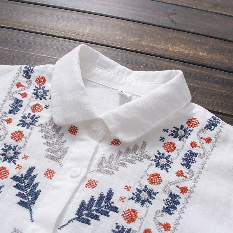 Buddha Stones Fall White Geometric Striped Flower Embroidery Button Women's Cotton Long Sleeve Shirt - image 2
