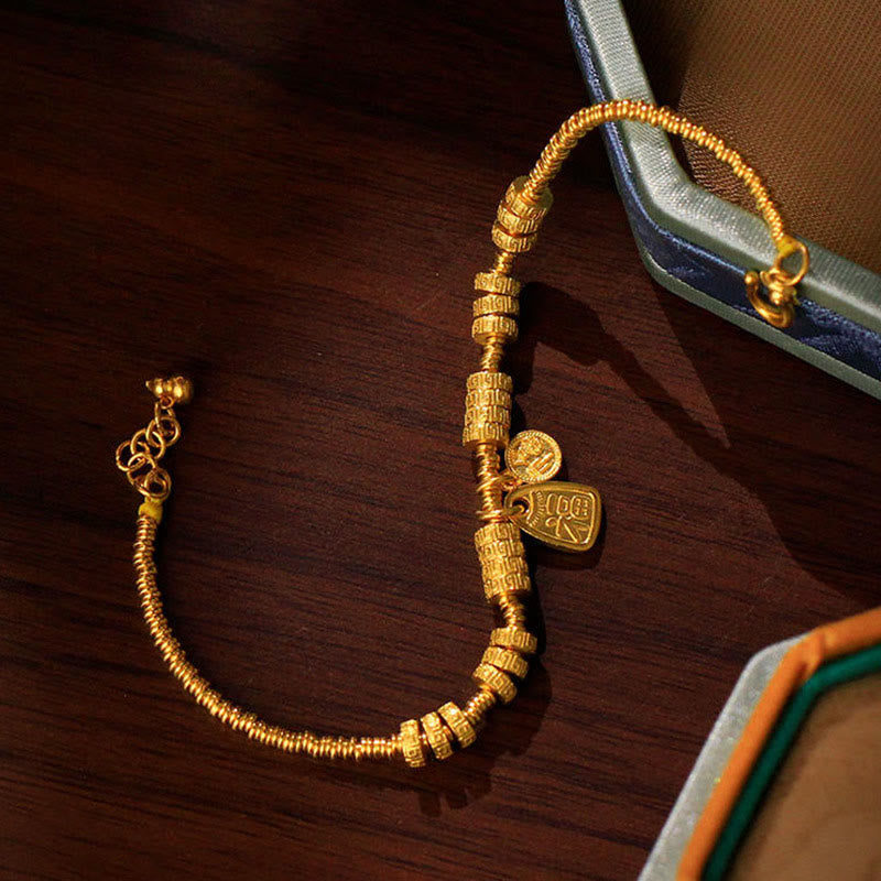 Buddha Stones 24k Gold Plated Brass Fu Character Lucky Charm Blessing Bracelet - image 7