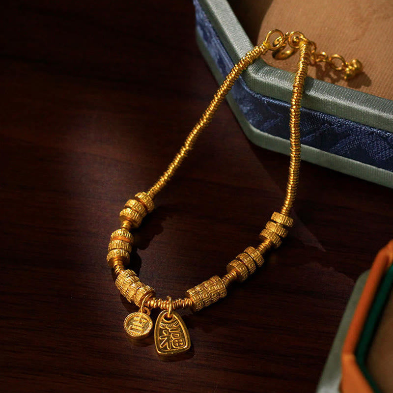 Buddha Stones 24k Gold Plated Brass Fu Character Lucky Charm Blessing Bracelet - image 4
