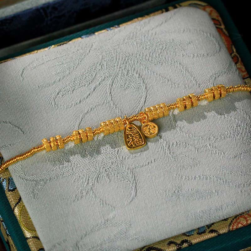 Buddha Stones 24k Gold Plated Brass Fu Character Lucky Charm Blessing Bracelet - image 3
