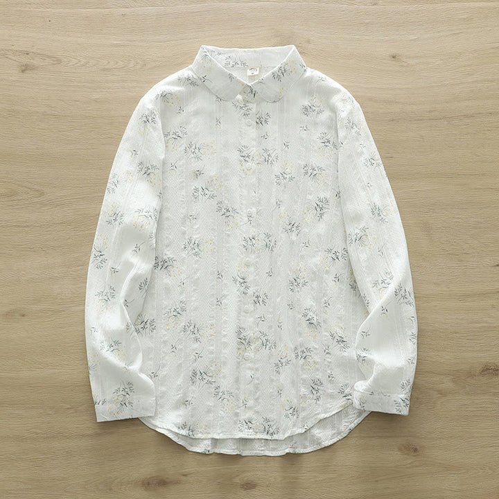 Buddha Stones Fall White Yellow Flowers Green Leaves Buttons Women's Cotton Long Sleeve Shirt - White - US6，UK/AU10，EU38 (XL) - image 1