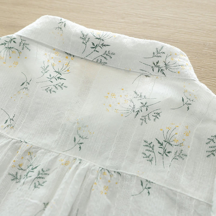 Buddha Stones Fall White Yellow Flowers Green Leaves Buttons Women's Cotton Long Sleeve Shirt - image 4