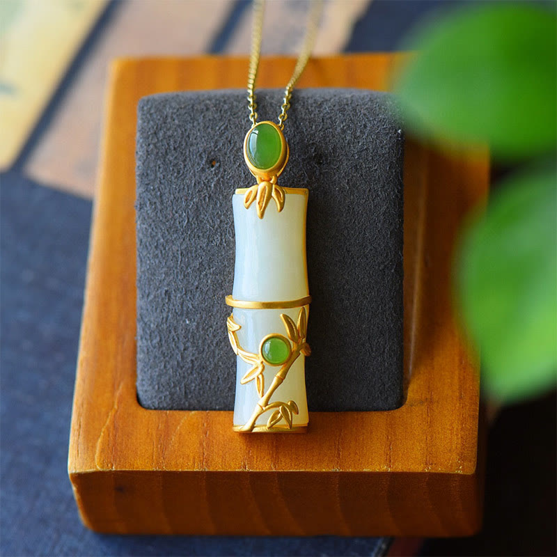 Buddha Stones White Jade Cyan Jade Bamboo Protection Necklace Pendant - White Jade - image 0