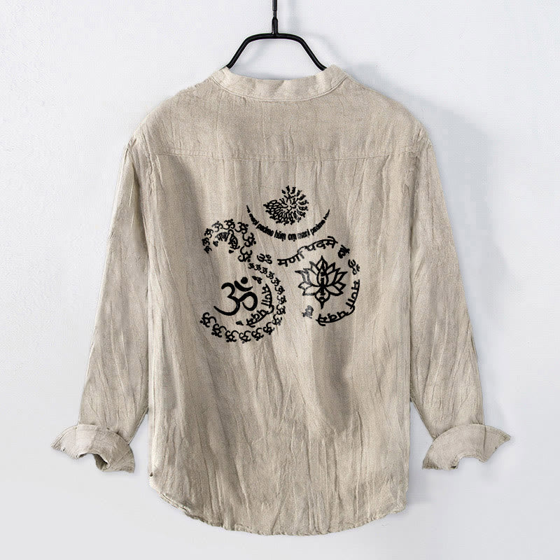 Buddha Stones Om Symbol Mantra Lotus Pattern Half Buttons Men's Cotton Linen Long Sleeve Shirt - image 2