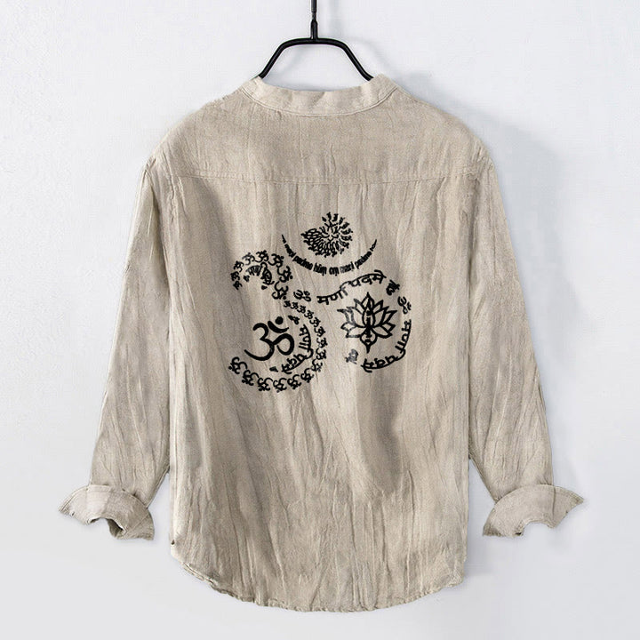Buddha Stones Om Symbol Mantra Lotus Pattern Half Buttons Men's Cotton Linen Long Sleeve Shirt - image 2