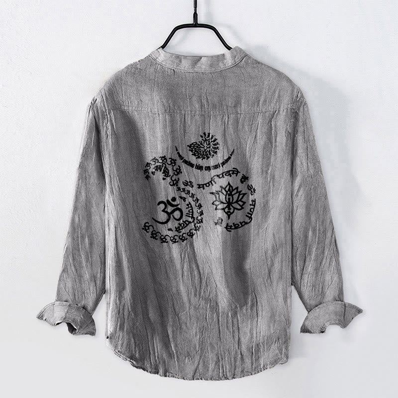 Buddha Stones Om Symbol Mantra Lotus Pattern Half Buttons Men's Cotton Linen Long Sleeve Shirt - image 5