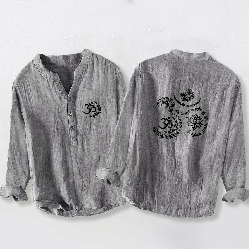 Buddha Stones Om Symbol Mantra Lotus Pattern Half Buttons Men's Cotton Linen Long Sleeve Shirt - Gray - US/UK/AU50，EU60 (5XL) - image 3