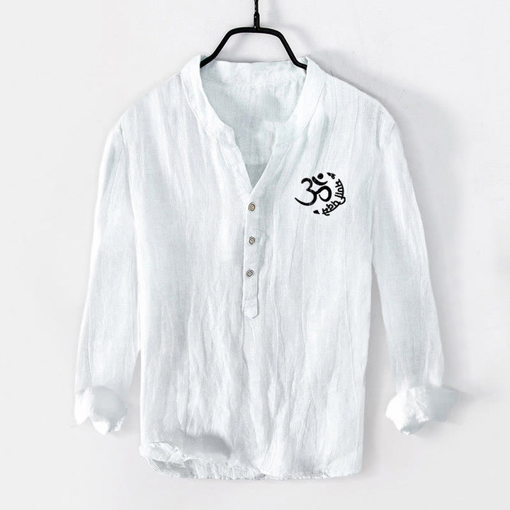 Buddha Stones Om Symbol Mantra Lotus Pattern Half Buttons Men's Cotton Linen Long Sleeve Shirt - image 7