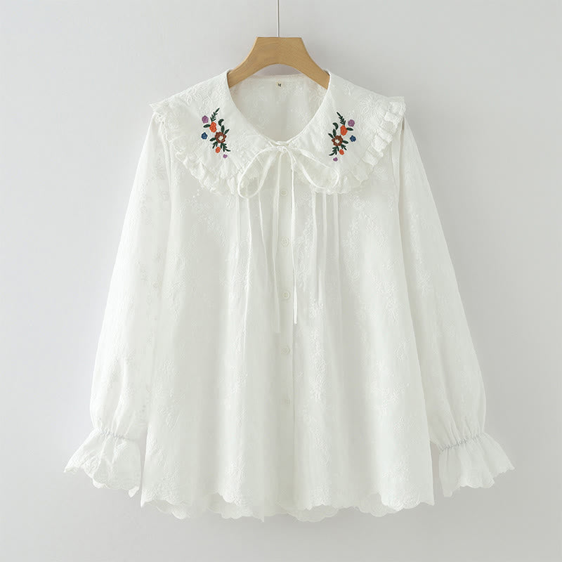 Buddha Stones Fall White Floral Embroidery Peter Pan Collar Buttons Women's Cotton Long Sleeve Shirt - White - US6，UK/AU10，EU38 (L) - image 2