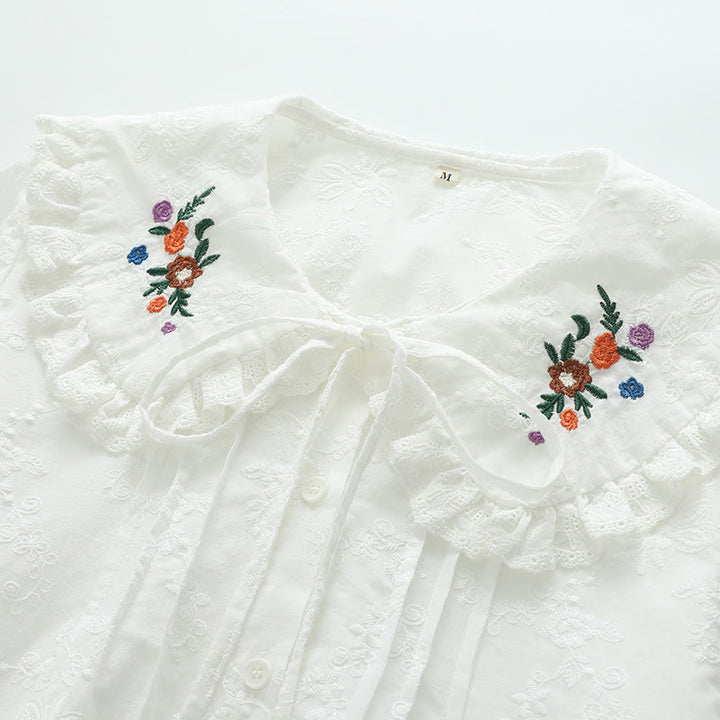 Buddha Stones Fall White Floral Embroidery Peter Pan Collar Buttons Women's Cotton Long Sleeve Shirt - image 4
