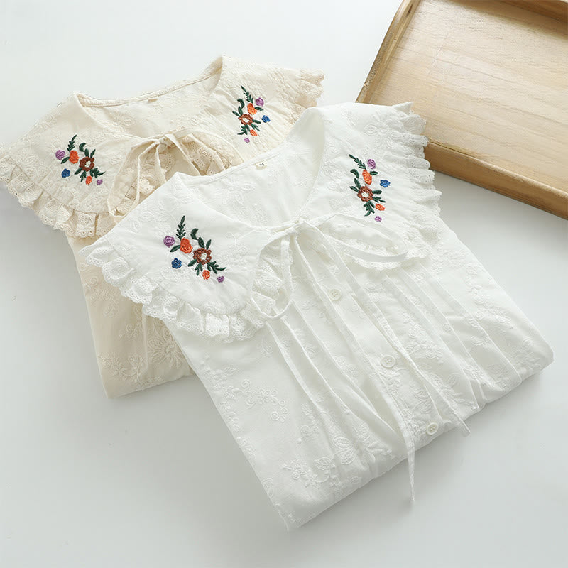 Buddha Stones Fall White Floral Embroidery Peter Pan Collar Buttons Women's Cotton Long Sleeve Shirt - image 10