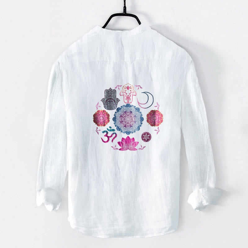 Buddha Stones Mandala Om Lotus Hamsa's Hands Half Buttons Men's Cotton Linen Long Sleeve Shirt - image 2
