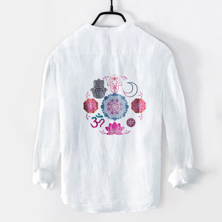 Buddha Stones Mandala Om Lotus Hamsa's Hands Half Buttons Men's Cotton Linen Long Sleeve Shirt - image 2