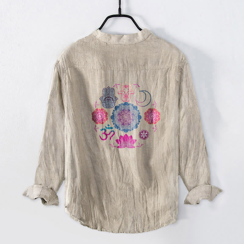 Buddha Stones Mandala Om Lotus Hamsa's Hands Half Buttons Men's Cotton Linen Long Sleeve Shirt - image 5