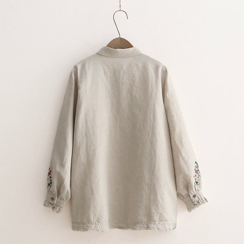 Buddha Stones Fall Beige Floral Grass Embroidery Buttons Women's Cotton Long Sleeve Shirt - image 1