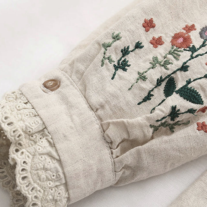 Buddha Stones Fall Beige Floral Grass Embroidery Buttons Women's Cotton Long Sleeve Shirt - image 6