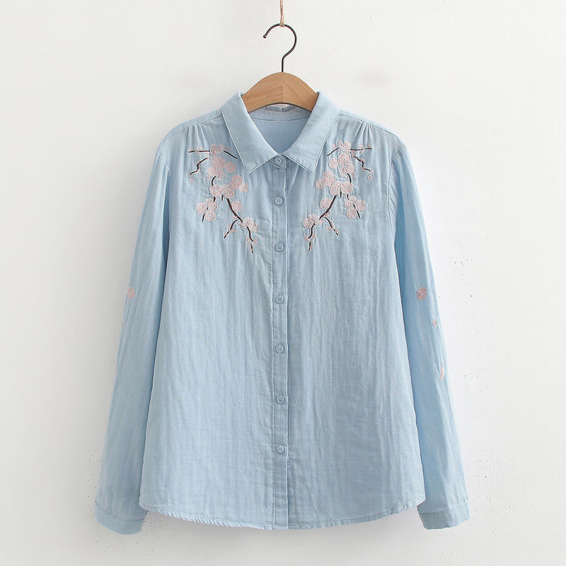 Buddha Stones Fall Pink Plum Blossoms Embroidery Buttons Women's Cotton Long Sleeve Shirt - LightBlue - US6，UK/AU10，EU38 (XL) - image 0