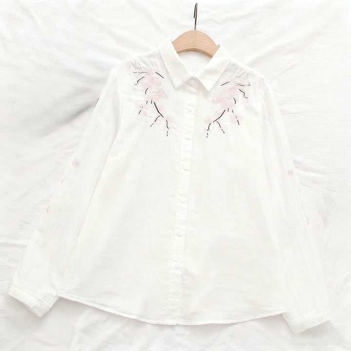 Buddha Stones Fall Pink Plum Blossoms Embroidery Buttons Women's Cotton Long Sleeve Shirt - image 5
