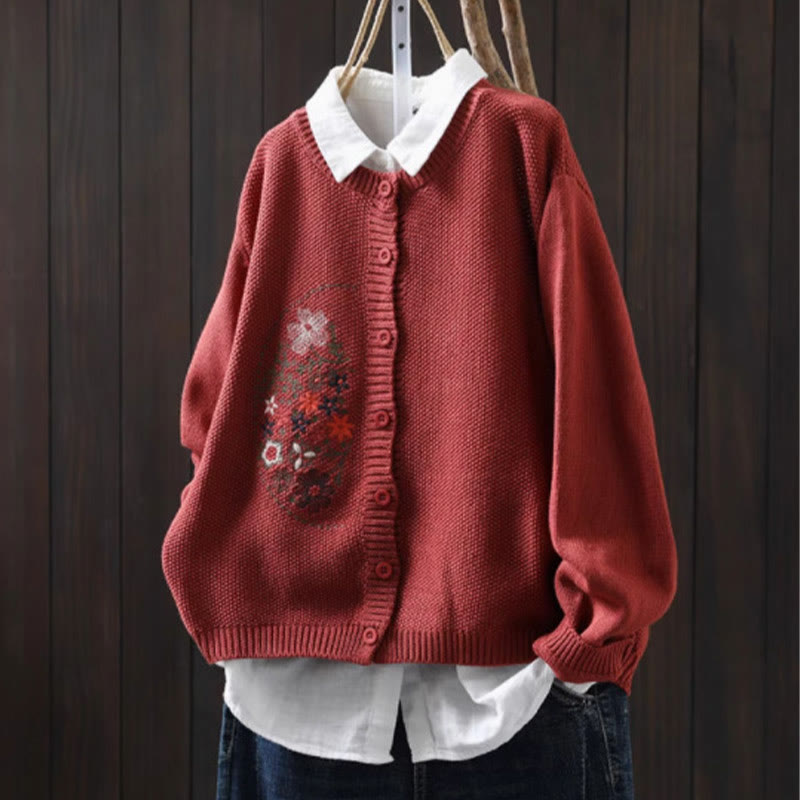 Buddha Stones Floral Embroidery Buttons Cotton Women's Long Sleeve Knitted Cardigan Sweater - Tomato - US4-6，UK/AU8-10，EU36-38 (F) - image 18