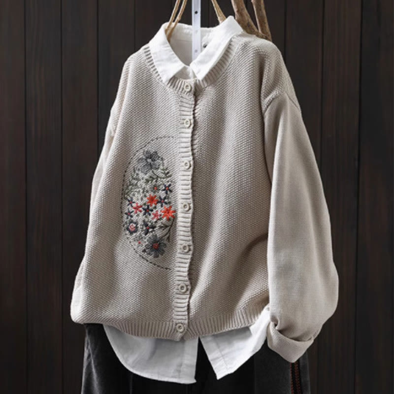 Buddha Stones Floral Embroidery Buttons Cotton Women's Long Sleeve Knitted Cardigan Sweater - Linen - US4-6，UK/AU8-10，EU36-38 (F) - image 14