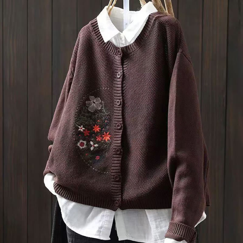 Buddha Stones Floral Embroidery Buttons Cotton Women's Long Sleeve Knitted Cardigan Sweater - SaddleBrown - US4-6，UK/AU8-10，EU36-38 (F) - image 16
