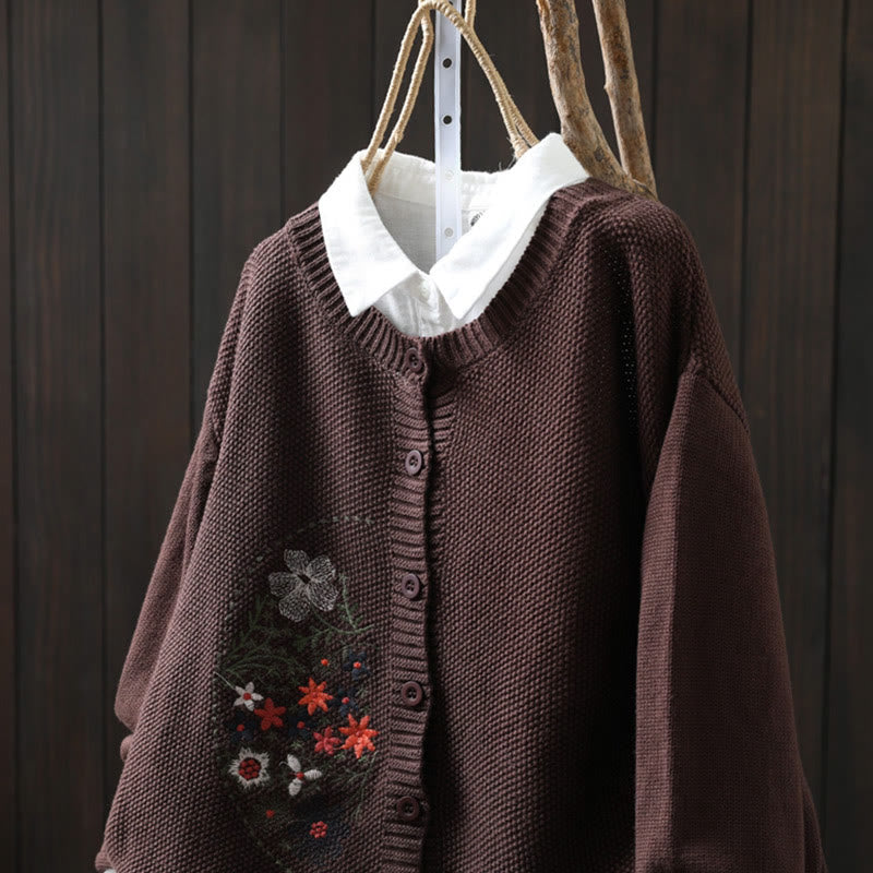 Buddha Stones Floral Embroidery Buttons Cotton Women's Long Sleeve Knitted Cardigan Sweater - image 17