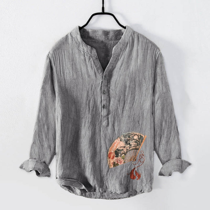 Buddha Stones Fan Crane Pine Tree Peony Red Sun Half Buttons Men's Cotton Linen Long Sleeve Shirt - image 1