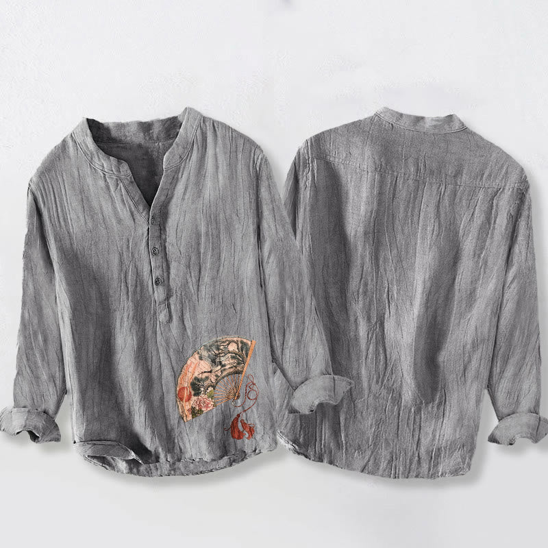 Buddha Stones Fan Crane Pine Tree Peony Red Sun Half Buttons Men's Cotton Linen Long Sleeve Shirt - image 2