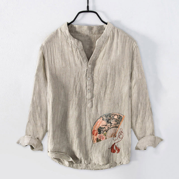 Buddha Stones Fan Crane Pine Tree Peony Red Sun Half Buttons Men's Cotton Linen Long Sleeve Shirt - Linen - US/UK/AU50，EU60 (5XL) - image 3