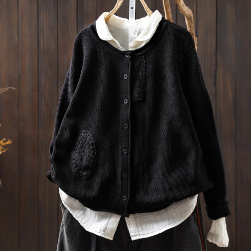 Buddha Stones Fall Floral Buttons Cotton Women's Long Sleeve Knitted Cardigan Sweater - Black - US4-6，UK/AU8-10，EU36-38 (F) - image 28