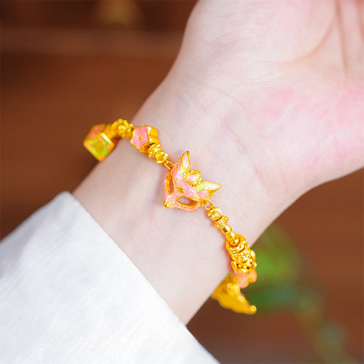 Buddha Stones 24k Gold Plated Brass Fox Fu Character Ruyi Charm Luck Bracelet - image 0
