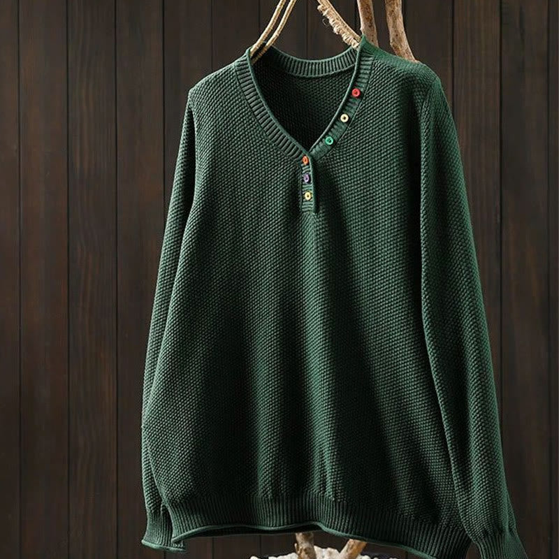 Buddha Stones Fall Colorful Buttons V-Neck Cotton Women's Long Sleeve Knitted Sweater - SeaGreen - US4-6，UK/AU8-10，EU36-38 (F) - image 9