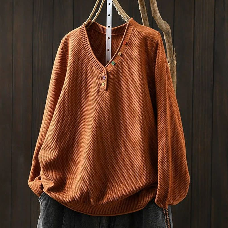 Buddha Stones Fall Colorful Buttons V-Neck Cotton Women's Long Sleeve Knitted Sweater - DarkOrange - US4-6，UK/AU8-10，EU36-38 (F) - image 7