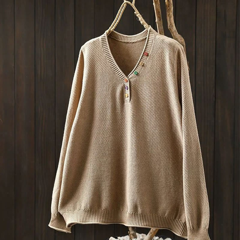 Buddha Stones Fall Colorful Buttons V-Neck Cotton Women's Long Sleeve Knitted Sweater - Bisque - US4-6，UK/AU8-10，EU36-38 (F) - image 15