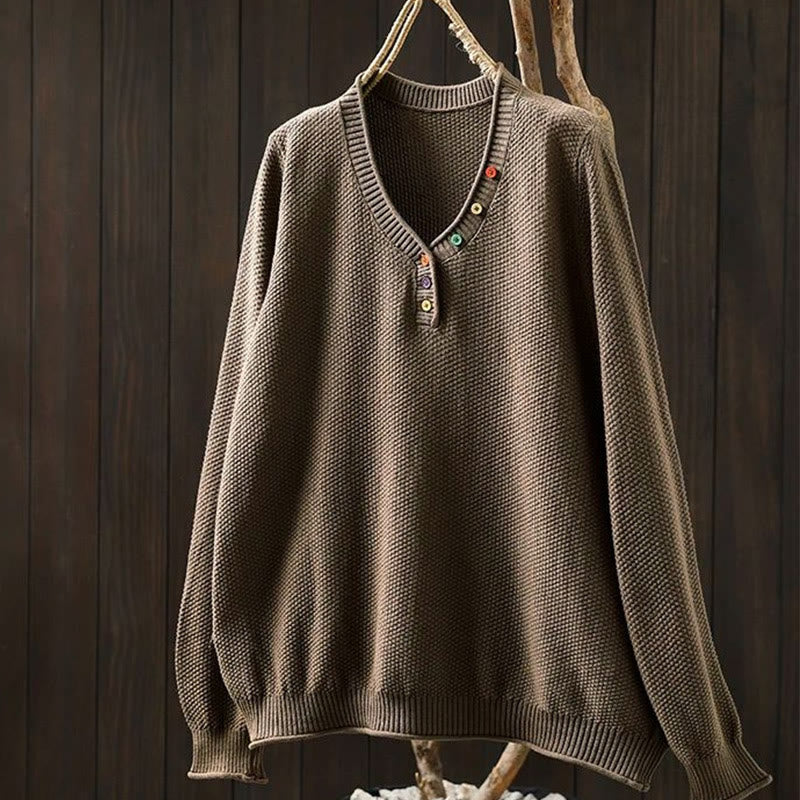 Buddha Stones Fall Colorful Buttons V-Neck Cotton Women's Long Sleeve Knitted Sweater - Peru - US4-6，UK/AU8-10，EU36-38 (F) - image 16