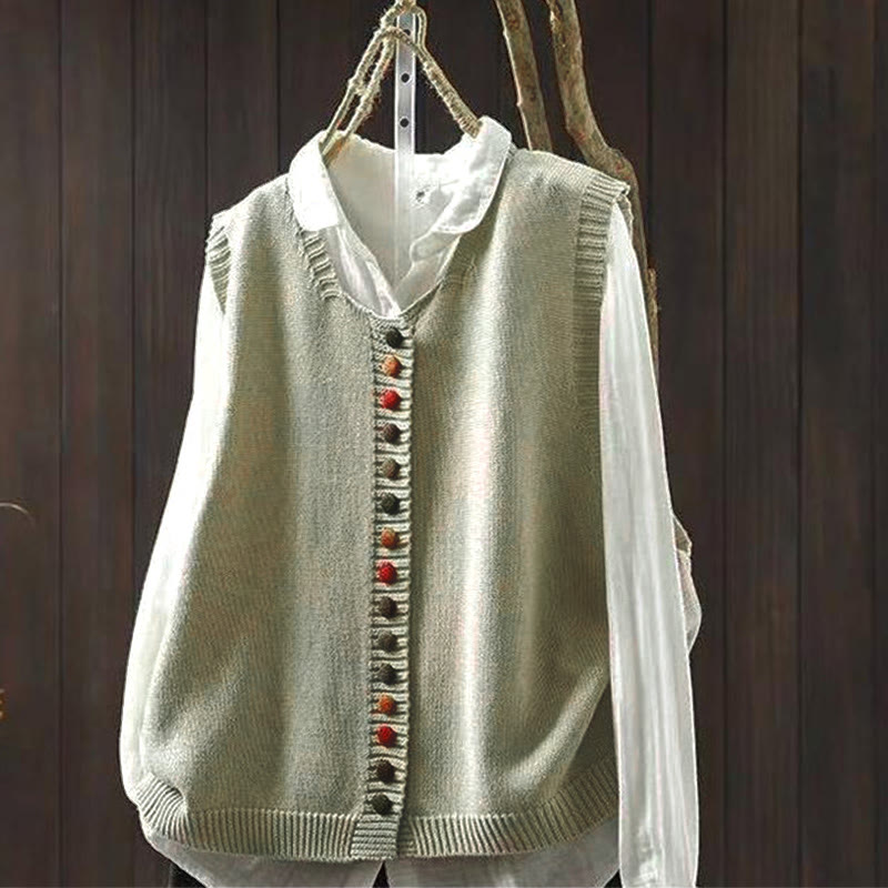 Buddha Stones Colorful Buttons Women's Sleeveless Cotton Knitted Vest Waistcoat - Linen - US4-6，UK/AU8-10，EU36-38 (F) - image 1