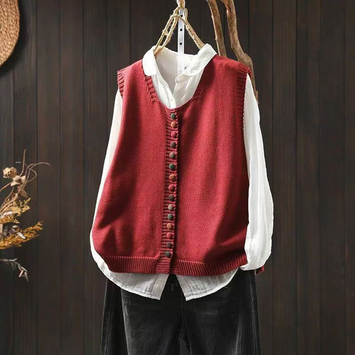 Buddha Stones Colorful Buttons Women's Sleeveless Cotton Knitted Vest Waistcoat - Red - US4-6，UK/AU8-10，EU36-38 (F) - image 5