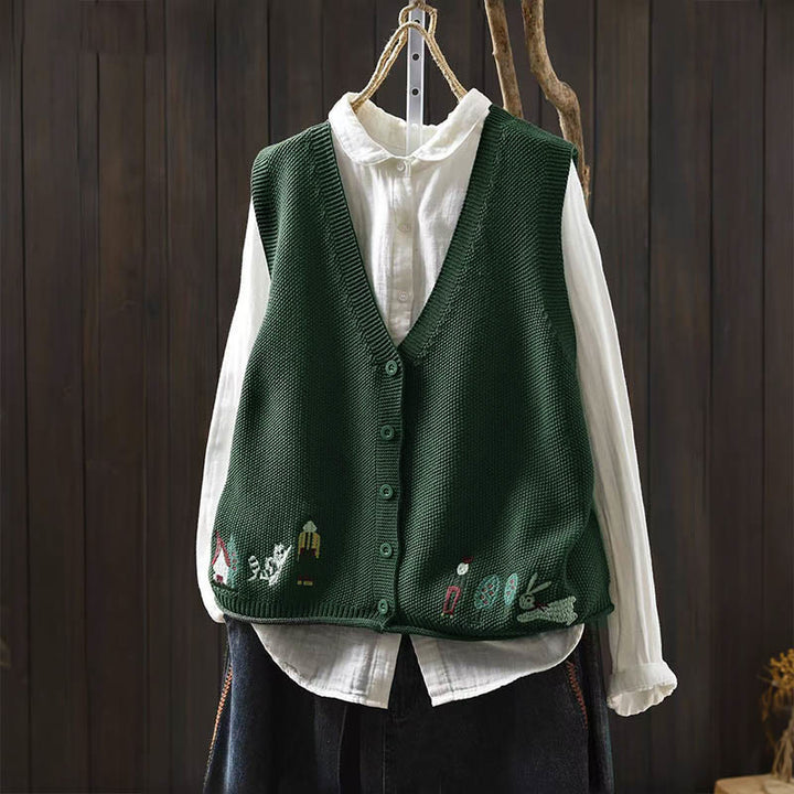 Buddha Stones Figure Rabbit Tree Embroidery Buttons Women's Sleeveless Cotton Knitted Vest Waistcoat - SeaGreen - US4-6，UK/AU8-10，EU36-38 (F) - image 2