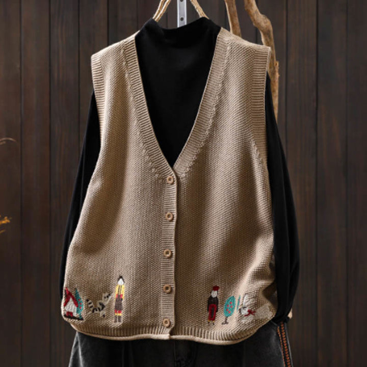 Buddha Stones Figure Rabbit Tree Embroidery Buttons Women's Sleeveless Cotton Knitted Vest Waistcoat - Tan - US4-6，UK/AU8-10，EU36-38 (F) - image 15
