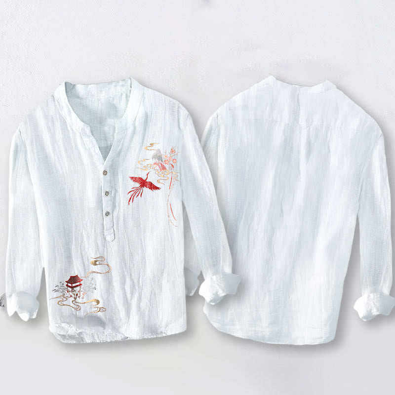 Buddha Stones Phoenix Pavilions Clouds Pattern Half Buttons Men's Cotton Linen Long Sleeve Shirt - image 8