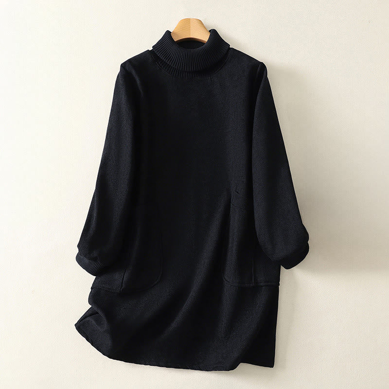 Buddha Stones Winter High Neck Warm Cotton Women's Long Sleeve Midi Dress With Pockets - Black - US14，UK/AU18，EU46 (2XL) - image 21