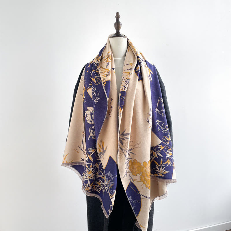 Buddha Stones Winter Fan Bamboo Peony Flowers Pattern Cozy Scarf Shawl - Bisque - 180*65cm - image 0