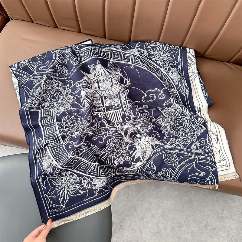 Buddha Stones Fall Pavilion Koi Fish Flowers Waves Pattern Cozy Scarf Shawl - SteelBlue - 180*65cm - image 9