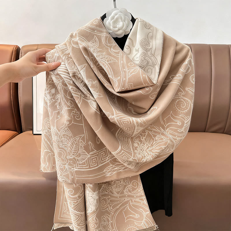 Buddha Stones Fall Pavilion Koi Fish Flowers Waves Pattern Cozy Scarf Shawl - image 14