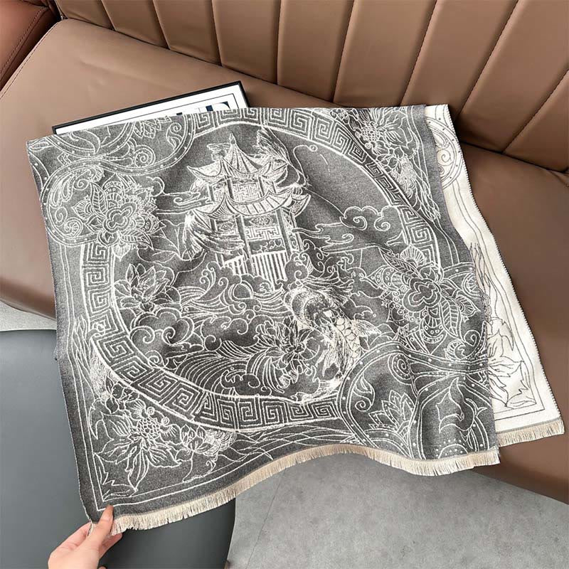 Buddha Stones Fall Pavilion Koi Fish Flowers Waves Pattern Cozy Scarf Shawl - image 2