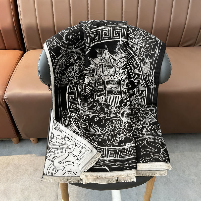 Buddha Stones Fall Pavilion Koi Fish Flowers Waves Pattern Cozy Scarf Shawl - image 6