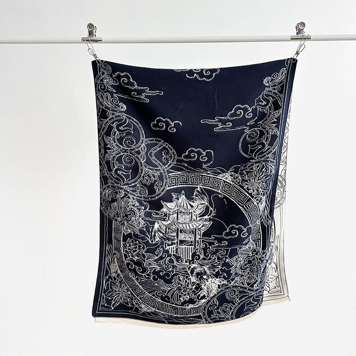 Buddha Stones Fall Pavilion Koi Fish Flowers Waves Pattern Cozy Scarf Shawl - image 12