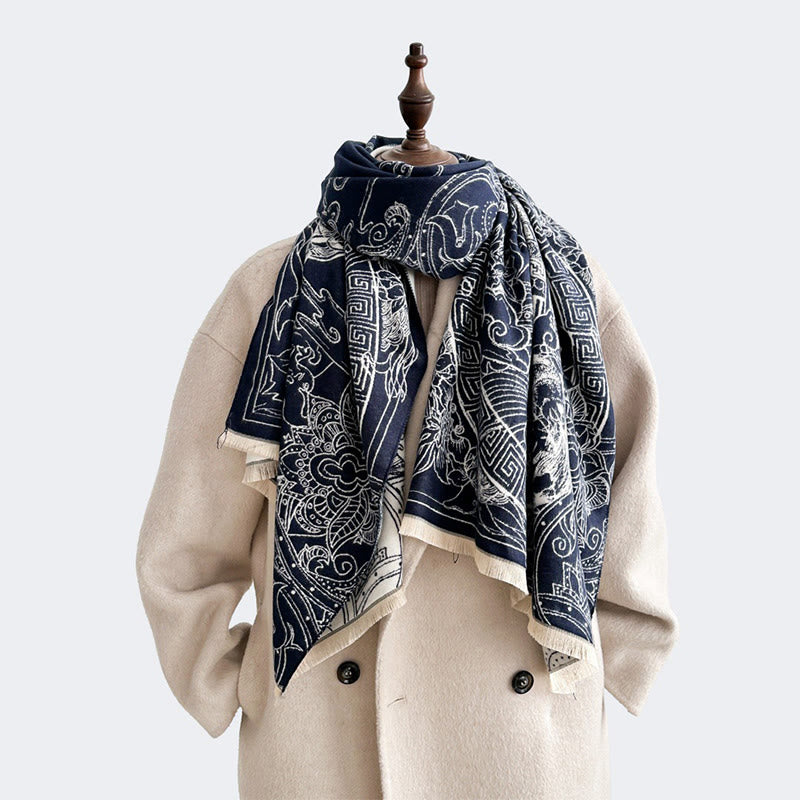 Buddha Stones Fall Pavilion Koi Fish Flowers Waves Pattern Cozy Scarf Shawl - image 10