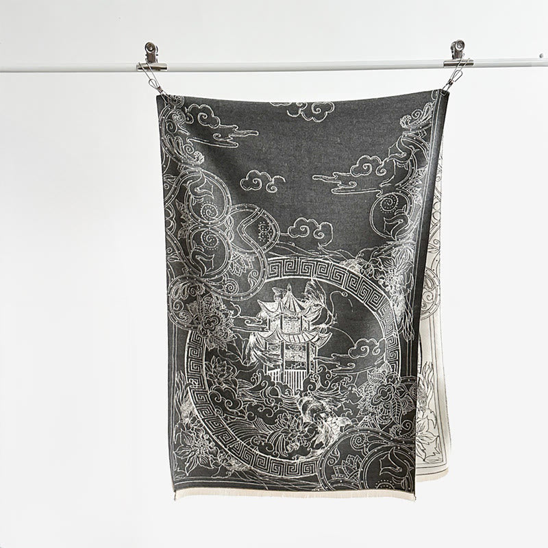 Buddha Stones Fall Pavilion Koi Fish Flowers Waves Pattern Cozy Scarf Shawl - image 3